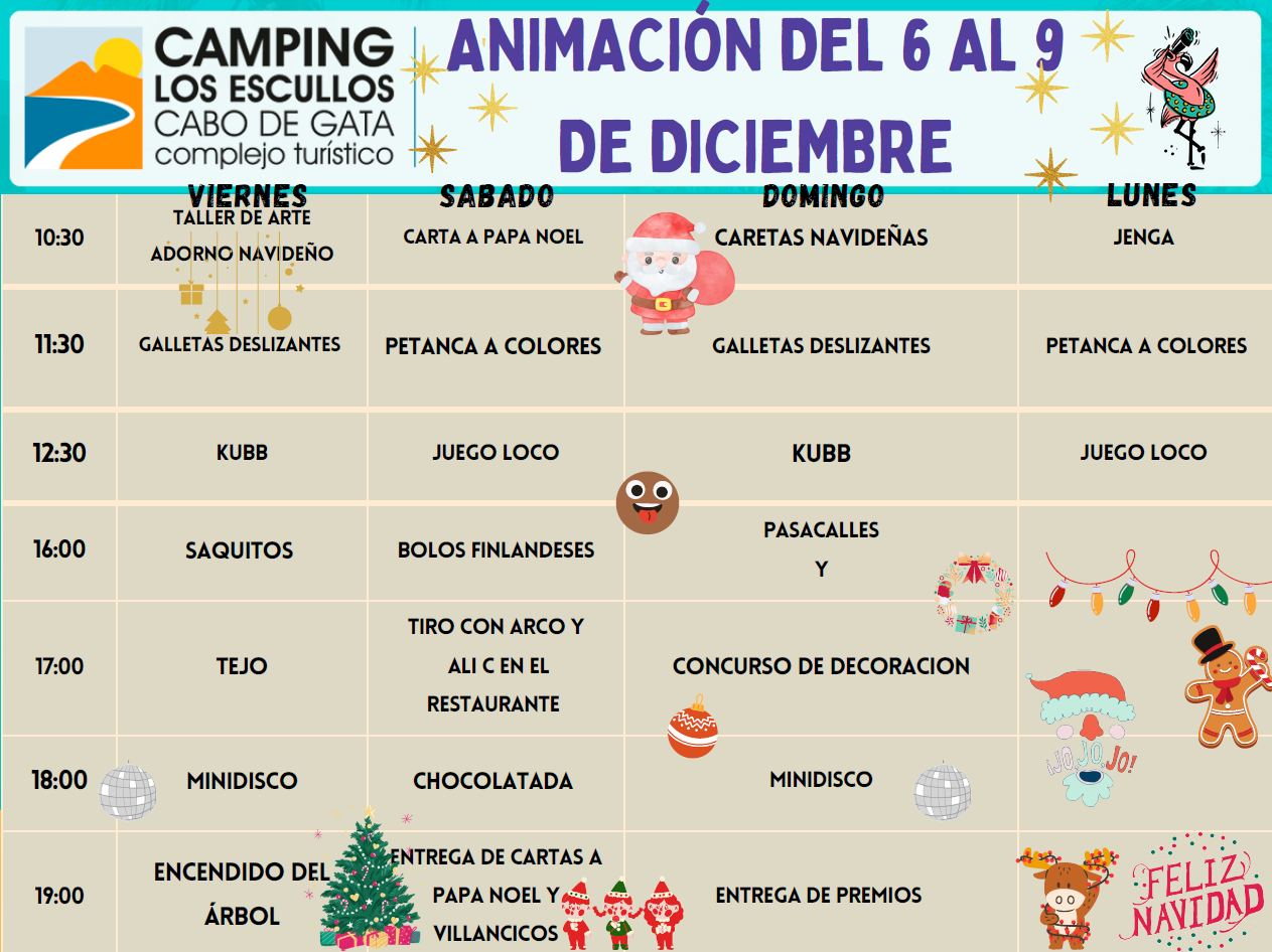 Planning de actividades en el camping durante el puente de diciembre
