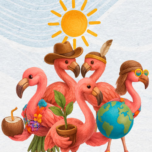 Dibujo de un grupo de flamencos disfrazados de fiesta tropical, lejano oeste, hippie y sosteniendo una planta y un globo terráqueo